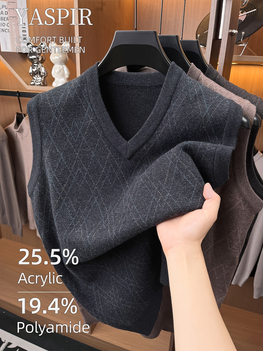 Men'S Knit Vest Sweater for Autumn And Winter, Classic V-Neck Striped Design, Easy Elegant Old Money Style Warm And Cold-Resistant, Suitable for Daily Commute, Office, Outdoor Leisure, Sports, Hiking, Camping, Holiday Gift for Father Or Husband - Dark Gray
