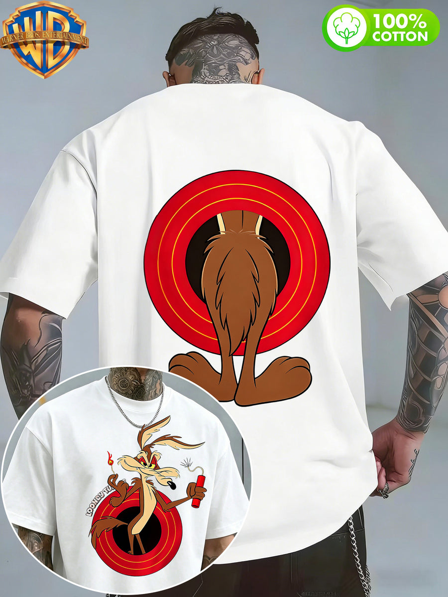 Authorized by Warner Bros., 1pc, American Retro Cartoon Contrast Sense Distorted Heart Wolf Trendy T-Shirt, Men'S 100% Casual Comfortable Versatile Loose Summer Short Sleeve T-Shirt, Double-Sided Print Front And Back, Suitable for Outdoor Wear, Gym - White