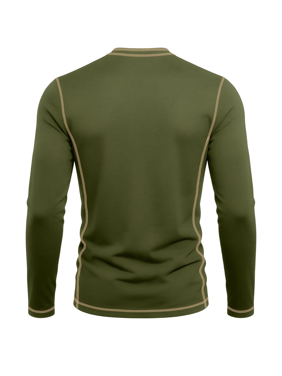 Men's Retro Patchwork T-Shirt - Solid Color Base with Contrast Patch Suitable for Fall/Winter, Round Neck Long Sleeve Casual Layering Top, Machine Washable Blending Shirt for Outdoor & Casual Attire (Regular Fit) - Military Green