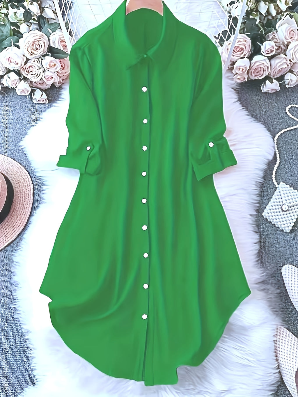 Ladies Mid-Length Shirt | Casual Long Shirt With Lapel Collar, Three Quarter Length Roll-Up Sleeves, Flared Hem, Button Details, Single Breasted Placket, Loose Fit For Weekend Casual - Emerald Green