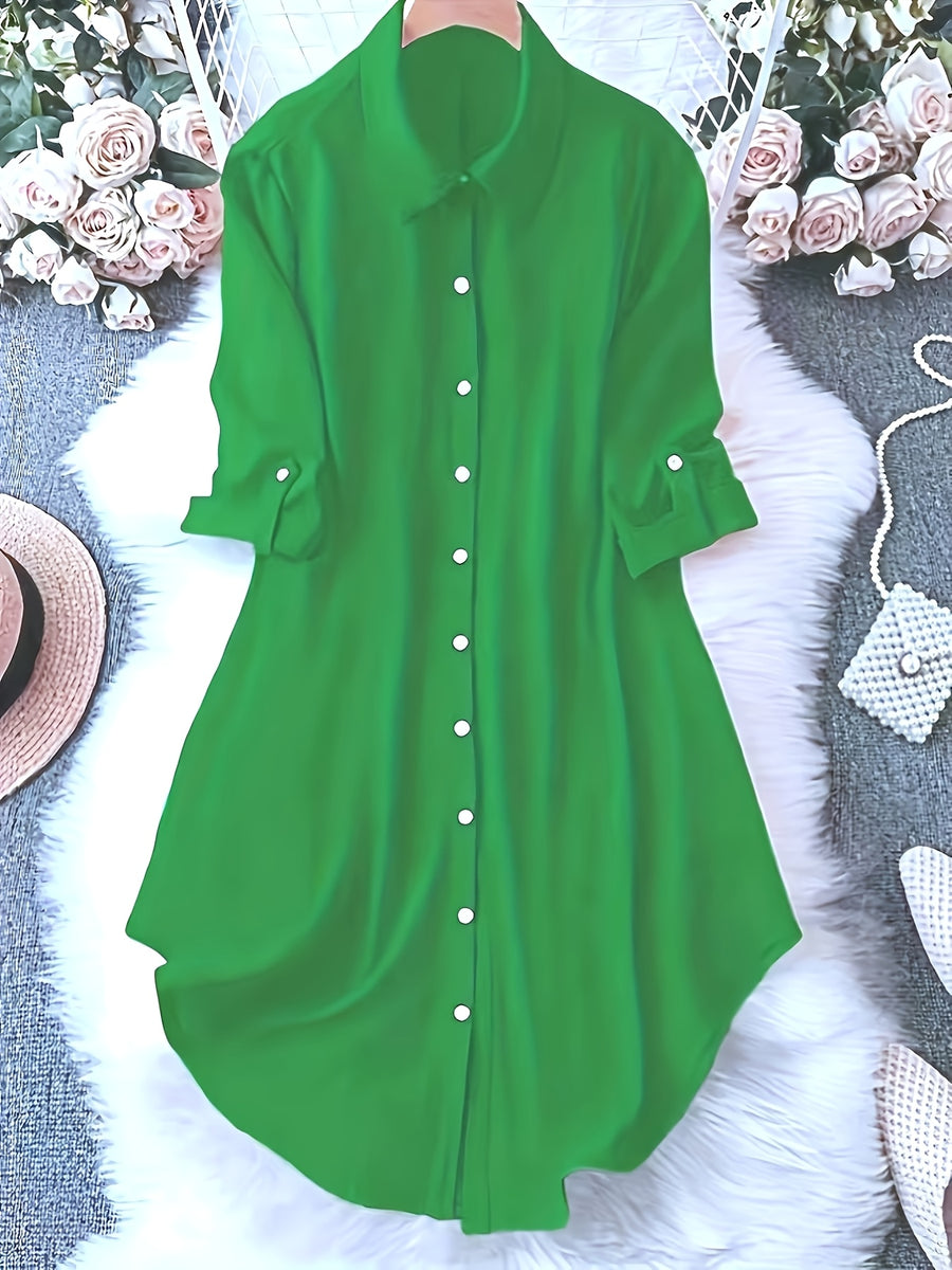 Ladies Mid-Length Shirt | Casual Long Shirt With Lapel Collar, Three Quarter Length Roll-Up Sleeves, Flared Hem, Button Details, Single Breasted Placket, Loose Fit For Weekend Casual - Emerald Green