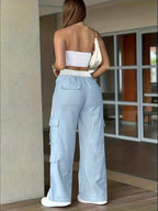 Women's Heavy-Duty Pants (Cargo Pants) with Piping Stripe & Large Cargo Pockets - Full-Length Heavy-Duty Pants for, Outdoor, Workwear - Beltless Design, All-Season Casual Wear (No  Compatible) - Attire - Sky Blue