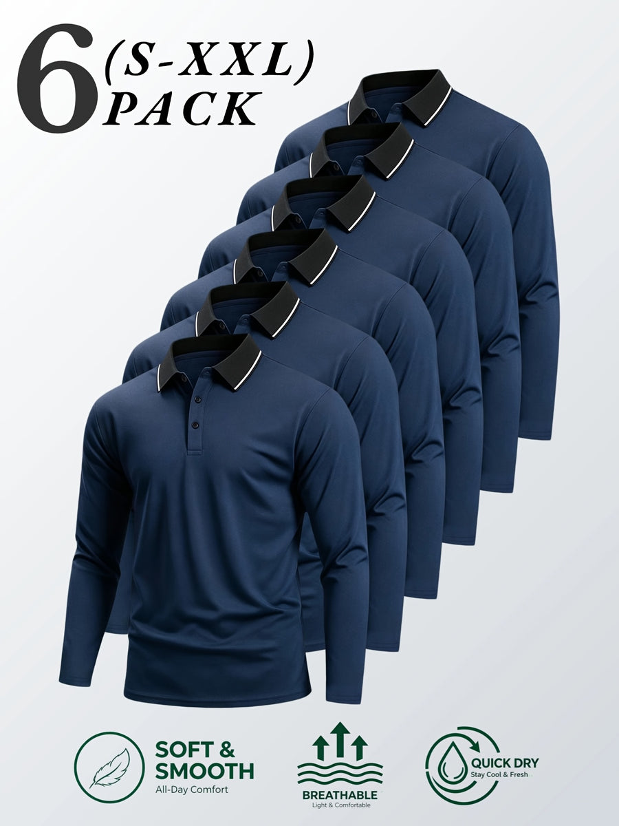 6pcs/Set Striped Lapel Long Sleeve Casual Sports Mesh Quick-Dry Breathable Comfortable POLO Shirt Basic Solid Color - Navy blue 6