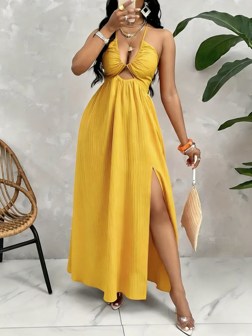 New Spring And Summer Casual Vacation Backless And Off-The-Shoulder Design Top, Front Slit to Thigh, Striped Women'S Maxi Dress, Women'S Light-Colored Dress, Women'S Resort Wear - Lemon Yellow
