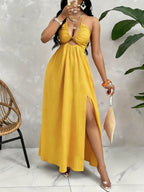 New Spring And Summer Casual Vacation Backless And Off-The-Shoulder Design Top, Front Slit to Thigh, Striped Women'S Maxi Dress, Women'S Light-Colored Dress, Women'S Resort Wear - Lemon Yellow