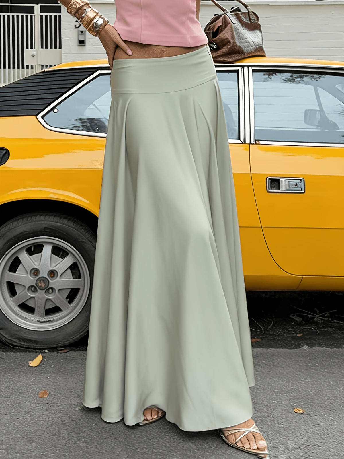 Women's Fashion Light Green Vintage Artistic Style Niche Fashion Elegant Draped Satin Skirt, Solid Color Simple Versatile A-Line Skirt - Light Green
