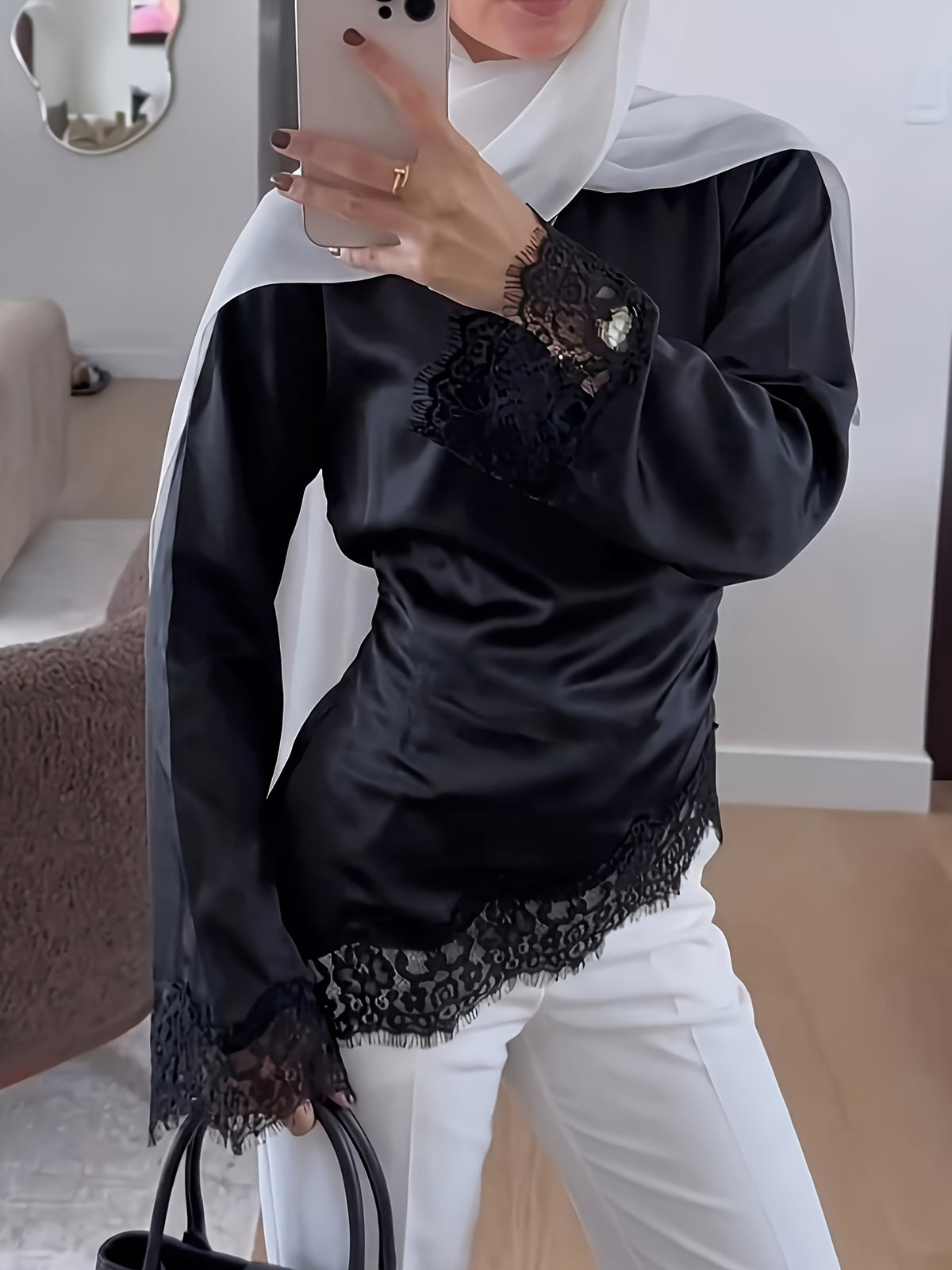 Women'S Elegant Commute Satin Blouse, Lace Panel Round Neck Long Sleeve Tie Waist Top, Solid Fabric Lace Panel Asymmetrical/Asymmetrical Design, Suitable for Elegant Office Daily Dates - Black