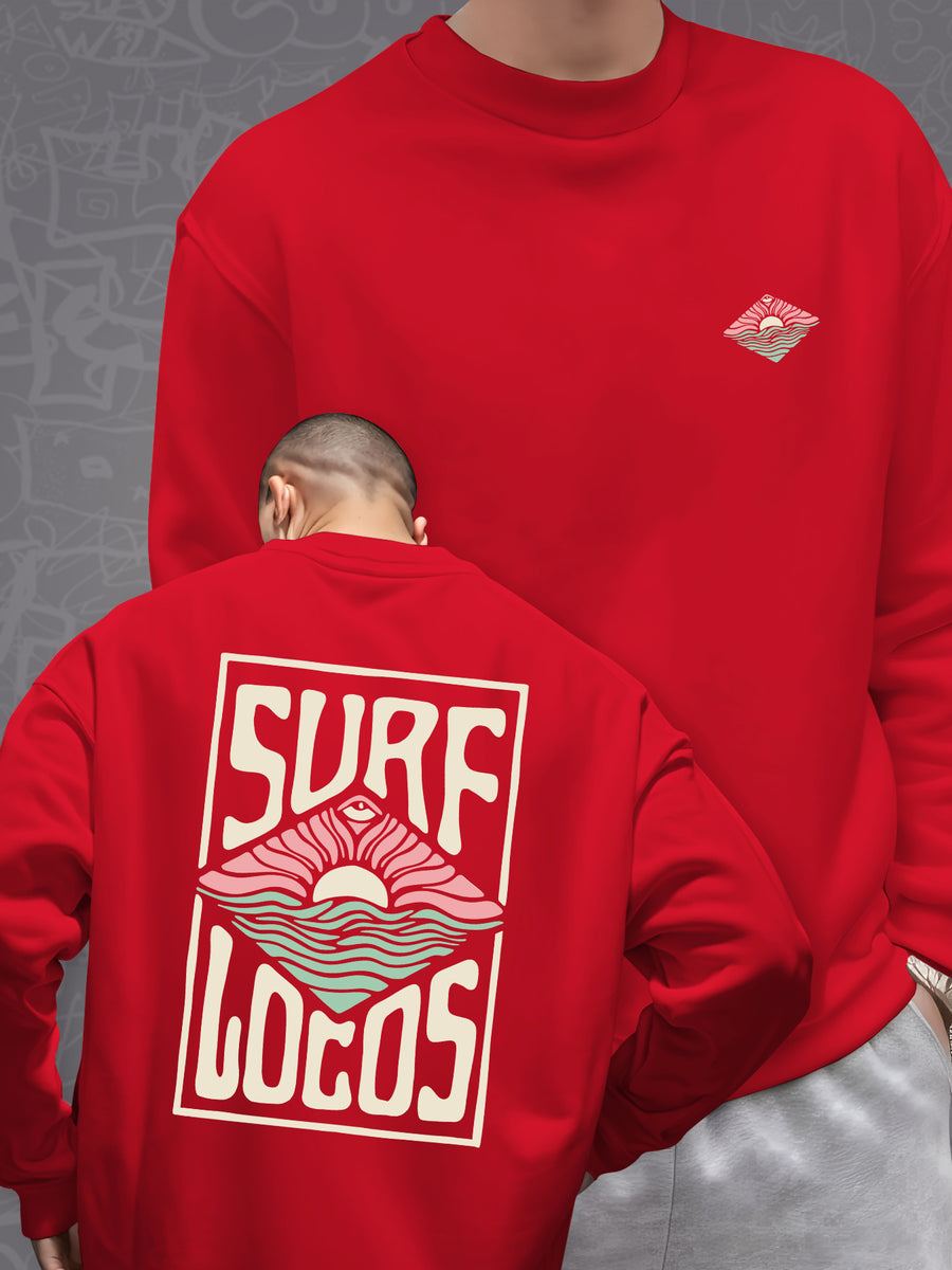 Surf SURF LOCOS Print, Men's Casual Trendy -Lined Long Sleeve Crewneck Sweatshirt, Fashion Print Sweatshirt - Red