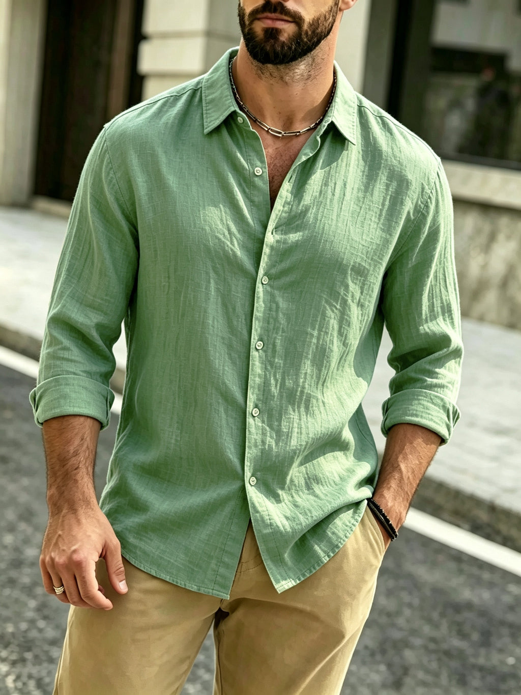 The Preferred Gift for Back to School Season Is Men's Casual Shirts. Spring and Autumn Long Sleeved Shirts Are Trendy, Loose, Solid Color, Breathable and Versatile Tops, Making Them the Perfect Holiday Gift - Green