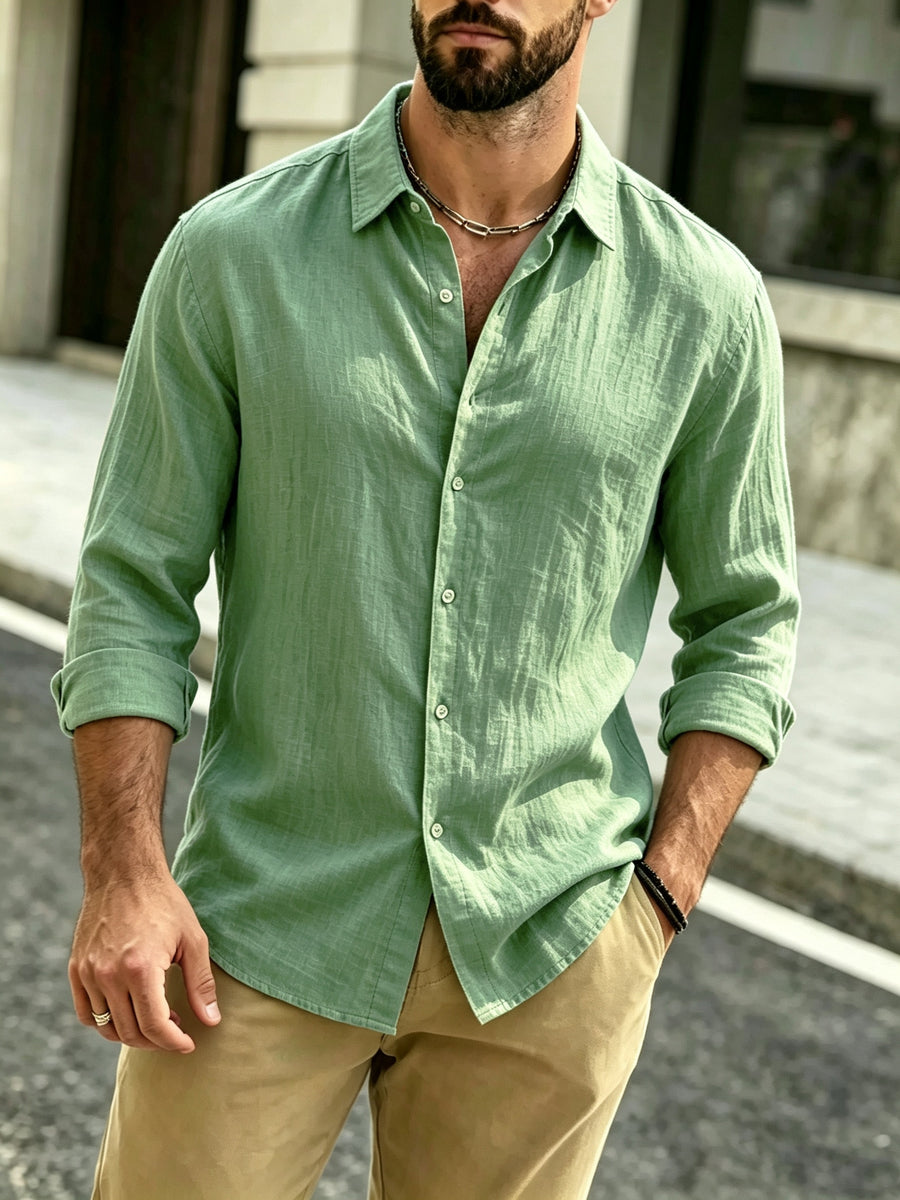 The Preferred Gift for Back to School Season Is Men's Casual Shirts. Spring and Autumn Long Sleeved Shirts Are Trendy, Loose, Solid Color, Breathable and Versatile Tops, Making Them the Perfect Holiday Gift - Green