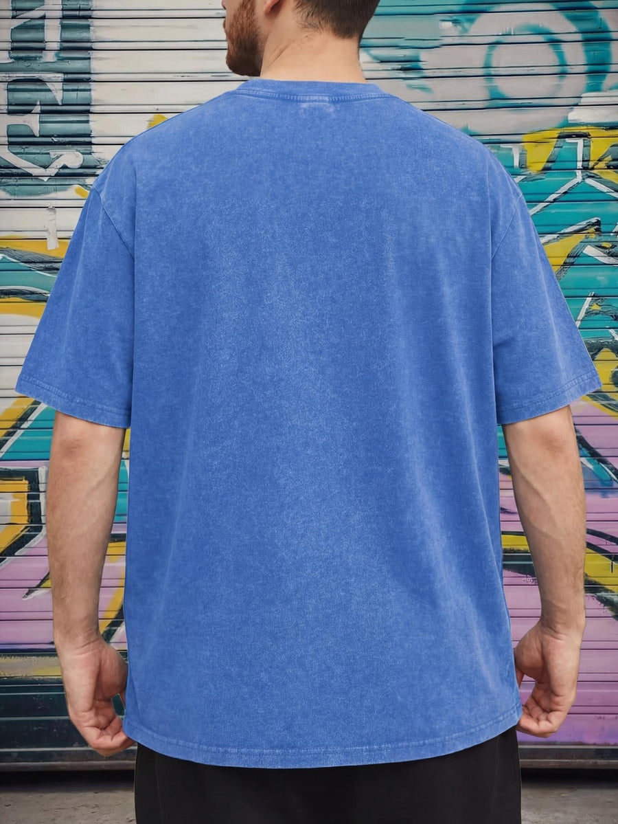 Relaxed Fit Distressed T-Shirt - Made from 100%, Heavyweight Vintage Washed Tee, Unisex Premium Quality Shirt - Royal Blue