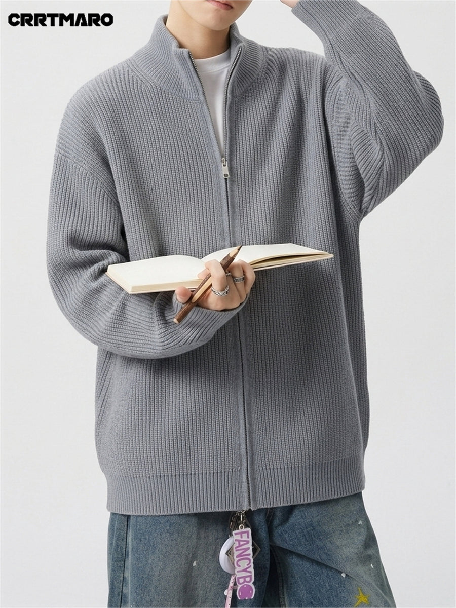 Men'S Heavyweight Thick Striped Zip Neck Stand Collar Knit Cardigan, Warm Casual Layering Top for Fall And Winter - Grey
