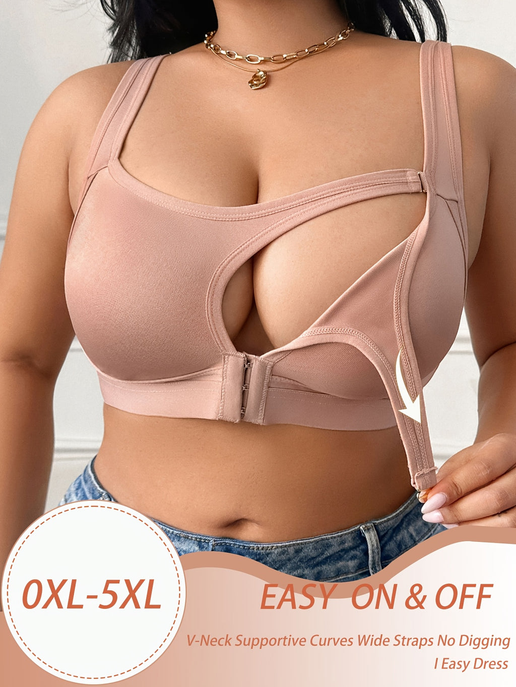 Plus-size Women's Bra, Solid Color, Casual and Comfortable with a Simple Back Design, T-shirt Bra, Thickened Women's Bra, Wire-free Bra - Apricot