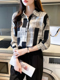 Chic Floral Print Long Sleeve Shirt for Women - Casual Collared Top with Button Detail, Machine Washable - Perfect for Spring & Fall, Loose Slimming, Square Print - Deep Grey