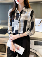 Chic Floral Print Long Sleeve Shirt for Women - Casual Collared Top with Button Detail, Machine Washable - Perfect for Spring & Fall, Loose Slimming, Square Print - Deep Grey