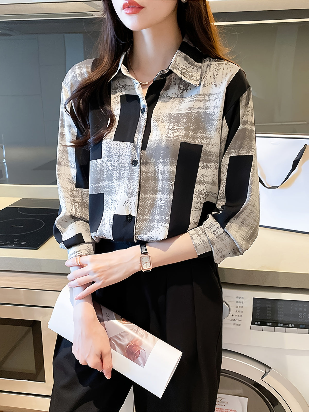 Chic Floral Print Long Sleeve Shirt for Women - Casual Collared Top with Button Detail, Machine Washable - Perfect for Spring & Fall, Loose Slimming, Square Print - Deep Grey