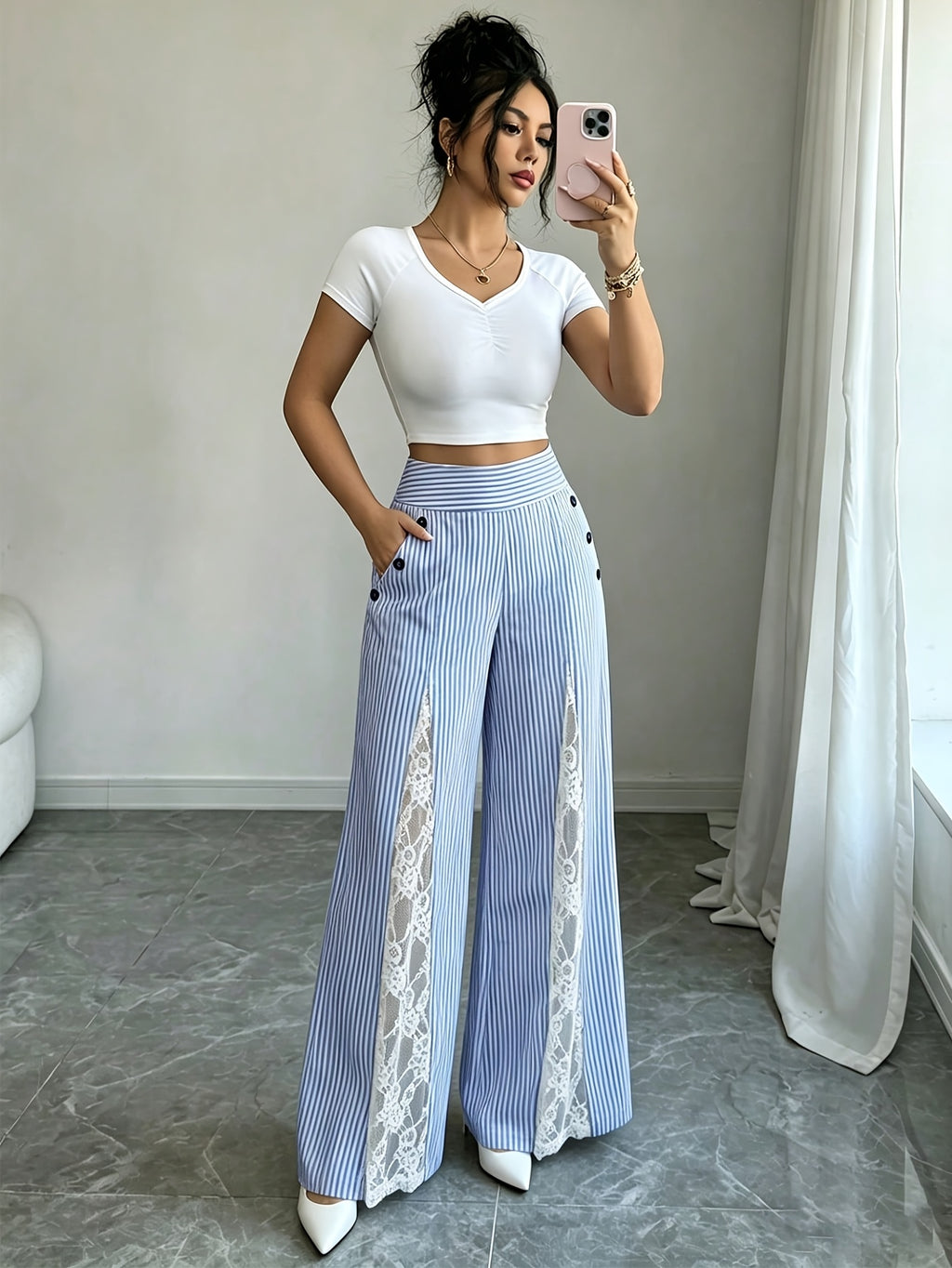 French-Style Fresh Striped Casual Pants with Side Lace Patchwork, High Slit, High Waist, Flattering Drop Crotch Wide-Leg Flared Trousers. The Blue and White Stripes Bring a Refreshing Vacation Vibe, While the Lightweight, Breathable Fabric Prevents - Sky Blue