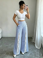 French-Style Fresh Striped Casual Pants with Side Lace Patchwork, High Slit, High Waist, Flattering Drop Crotch Wide-Leg Flared Trousers. The Blue and White Stripes Bring a Refreshing Vacation Vibe, While the Lightweight, Breathable Fabric Prevents - Sky Blue