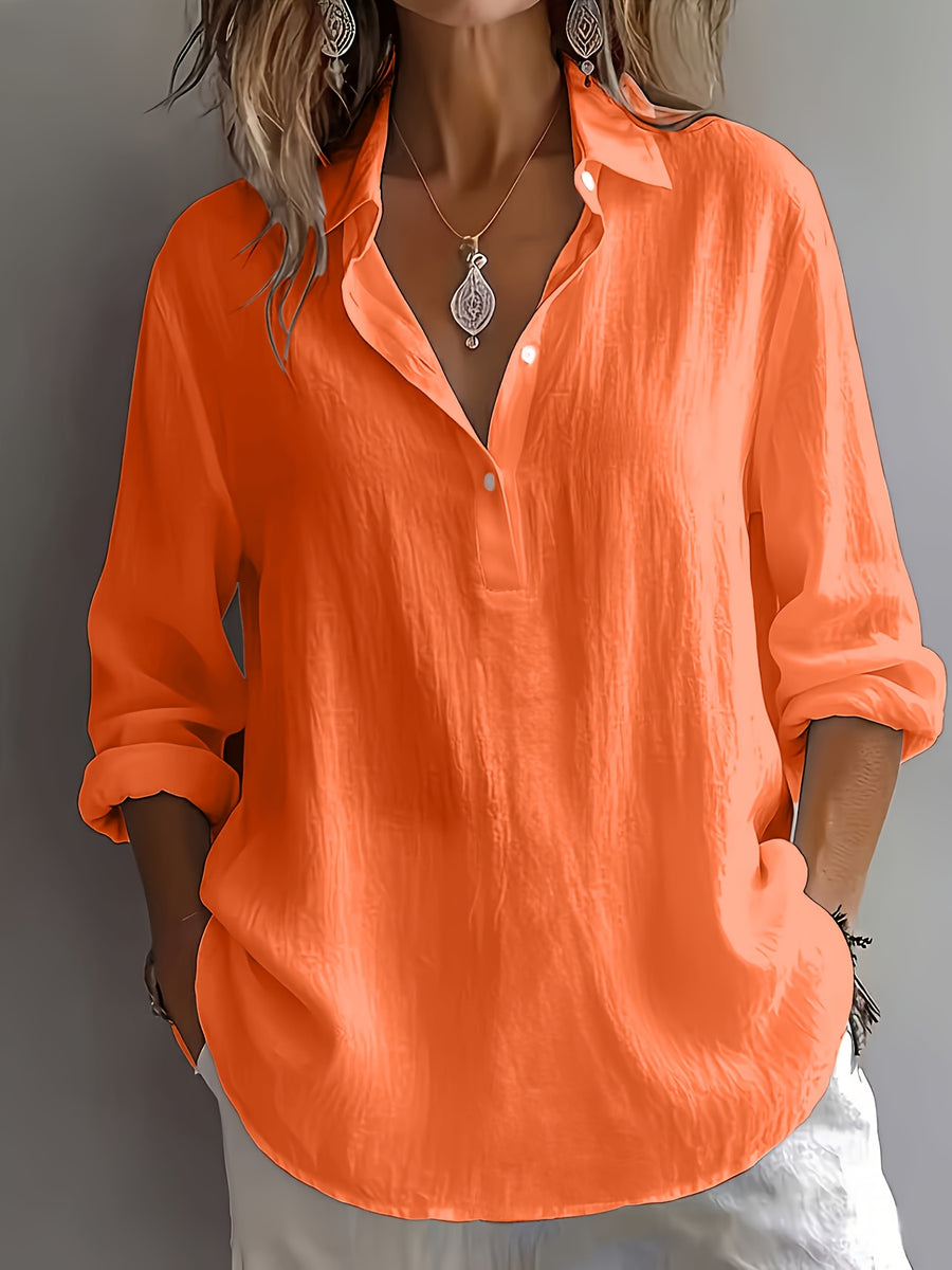 Multi-Color Available Taxi Direction New Stunning Elegant Style Solid Color POIO Collar Long Sleeve Spring Autumn All-Season Versatile Shirt - Orange-Red