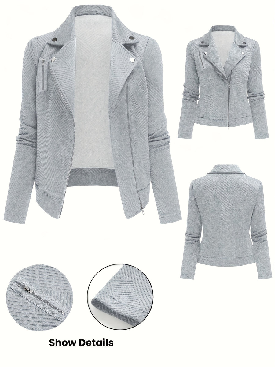 A New Women'S Solid Color Maze Check Zippered Button Decorative Motorcycle Jacket, Stylish And Elegant for Commuting And Casual Wear in Autumn And Winter. The Top Design Is Trendy, with a Unique Style, High-Quality Stitching, Soft Texture - Grey