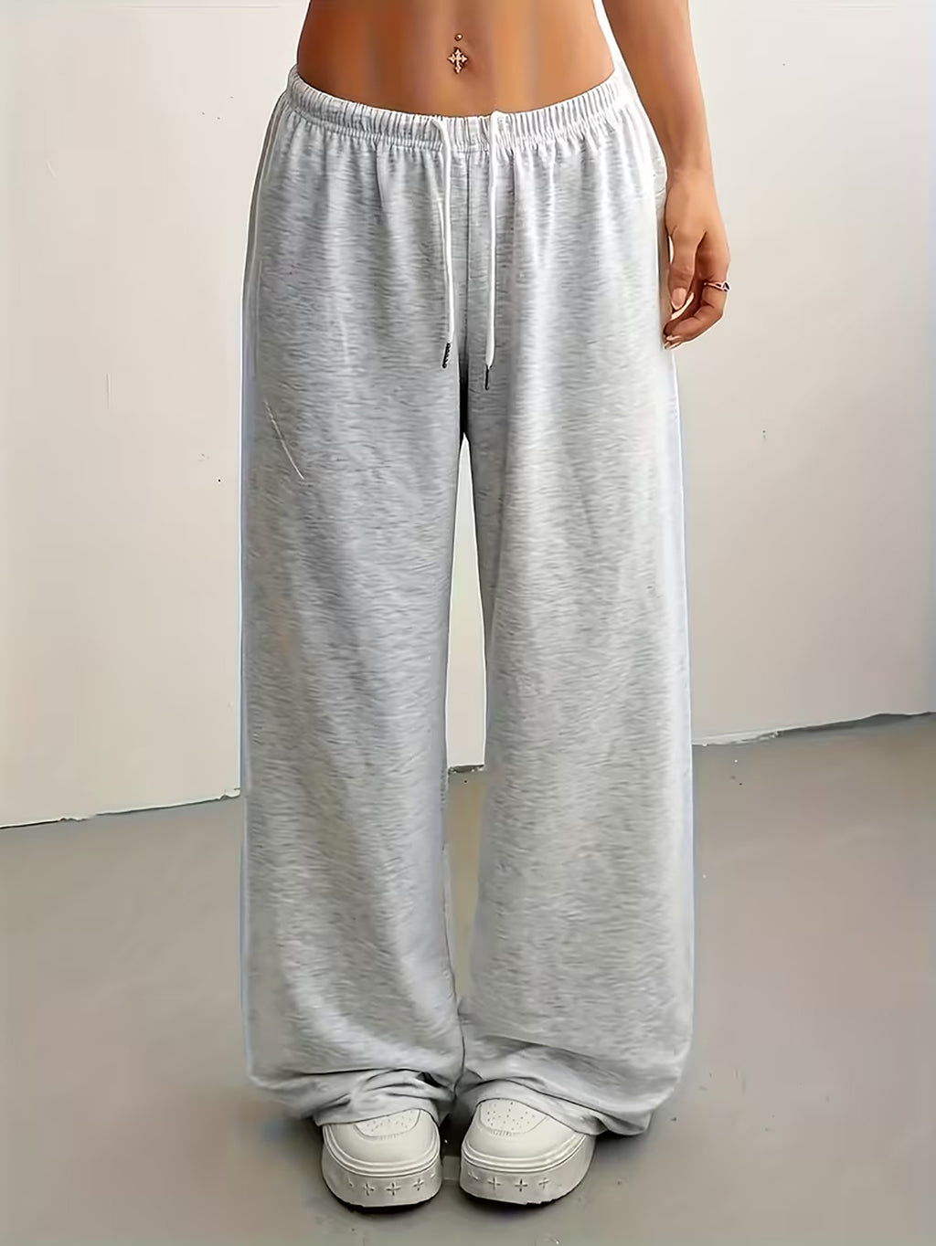 Lazy Style Solid Wide-Leg Pants Women'S High-Waist Drapey Floor-Length Trousers Versatile Casual Sweatpants - Light Grey