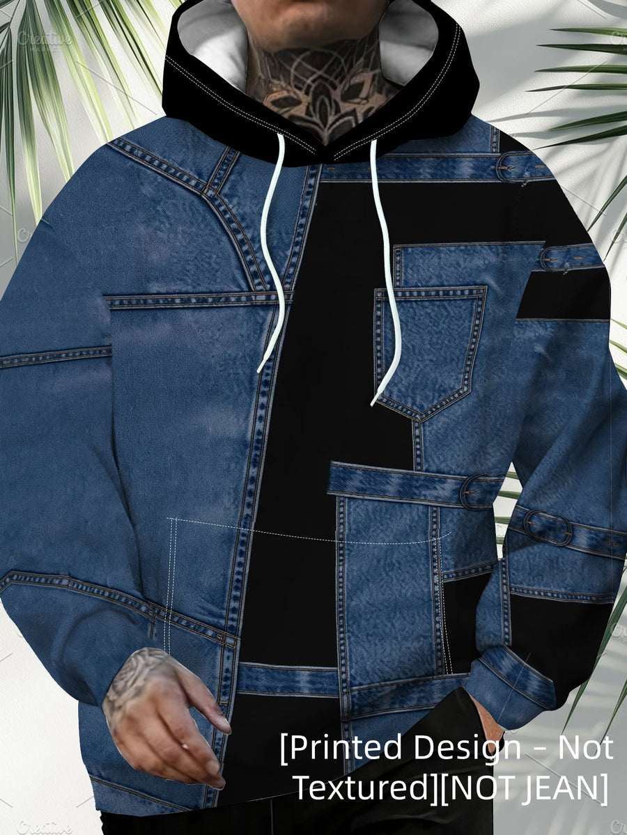 Men'S Fashion Digital Print Hoodie Trendy Patchwork Faux Denim Pattern Design Casual Versatile Pullover Autumn New Youth Handsome Top - Mixed colors