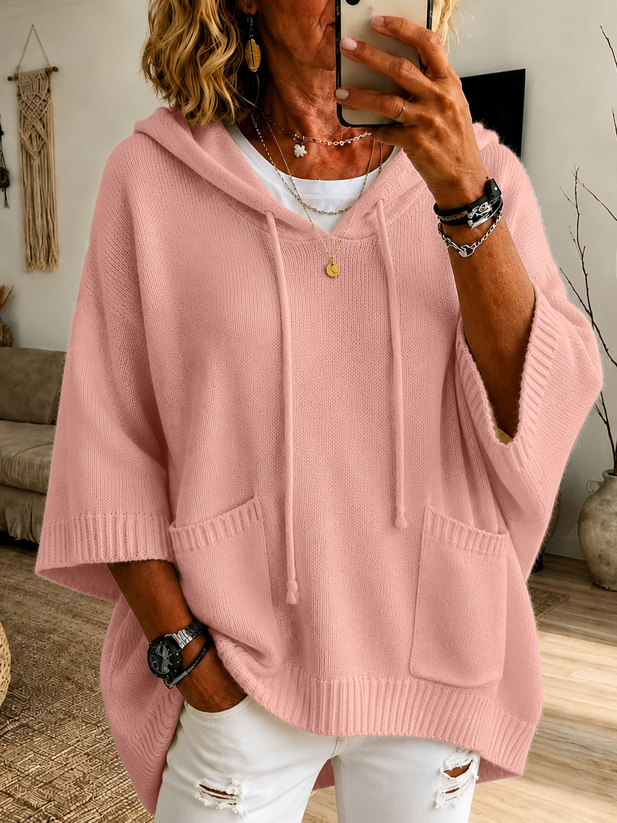 2026 Women'S Fall Winter Solid Color Hooded 3/4 Sleeve Cape Sweater Top with Drawstring And Double Pockets, Casual Easy Fashion Versatile Commute Home Vacation Outfit Pullover Top Women'S Clothing - pink