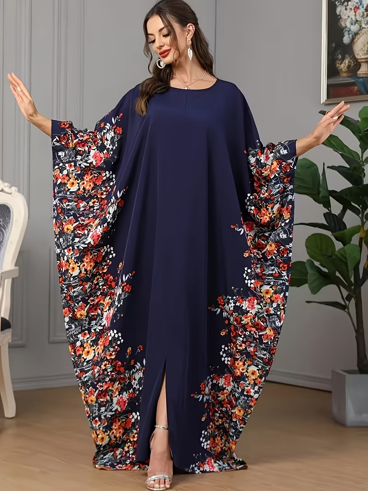 1pc Floral Print Crew Neck Abaya, Elegant Batwing Sleeve Split Maxi Dress, Women'S Clothing Maxi Abaya Dress Modest Prayer Dress for Muslim Women | Batwing Sleeves And Elegant Swing Hem for Everyday Outings And Travel Outfits - Navy Color