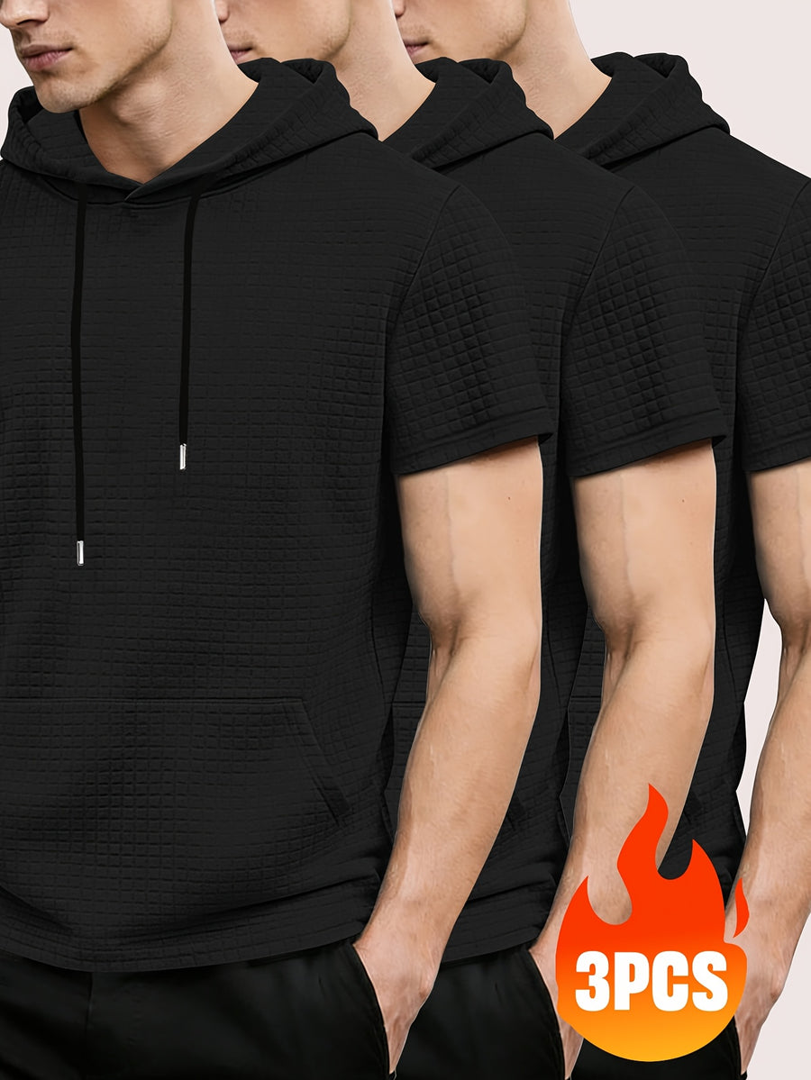 3pcs Men's Waffle Knit Short Sleeve Hoodie with Kangaroo Pocket, Soft and Breathable Fabric, Multiple Color Options, Versatile for Daily Wear, Simple and Stylish Casual Sportswear, Suitable as Matching Family Outfits, Great Choice for Gifts - Black+Black+Black