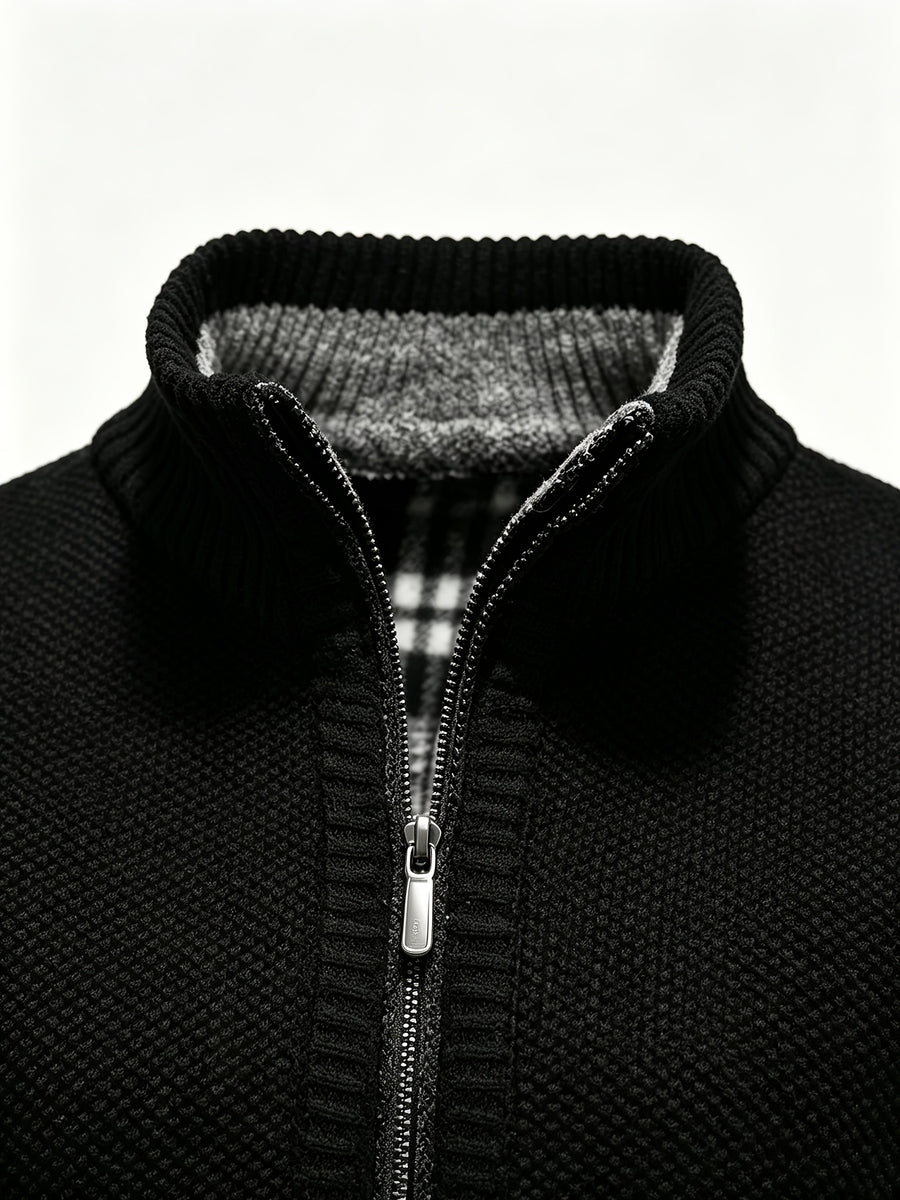 Men's Stand Collar Zip Up Knitted Cardigan Jacket, Casual Business Long Sleeve Sweater Coat with Pockets, Fall Winter Thick Warm Knit Outerwear for Men - Black