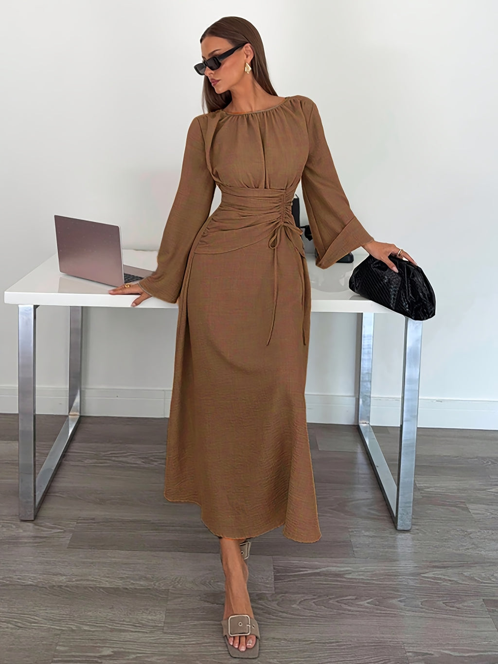 Elegant and Delicate Long Dress with One-shouldered Neckline, Flared Sleeves, Ruffled Waistband, A-line Skirt, Loose Elastic Waist Design - Perfect for Commuting, Daily Wear, Dating, or Vacation, Stylish And - Coffee Brown