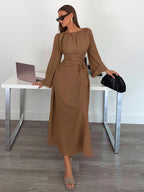 Elegant and Delicate Long Dress with One-shouldered Neckline, Flared Sleeves, Ruffled Waistband, A-line Skirt, Loose Elastic Waist Design - Perfect for Commuting, Daily Wear, Dating, or Vacation, Stylish And - Coffee Brown