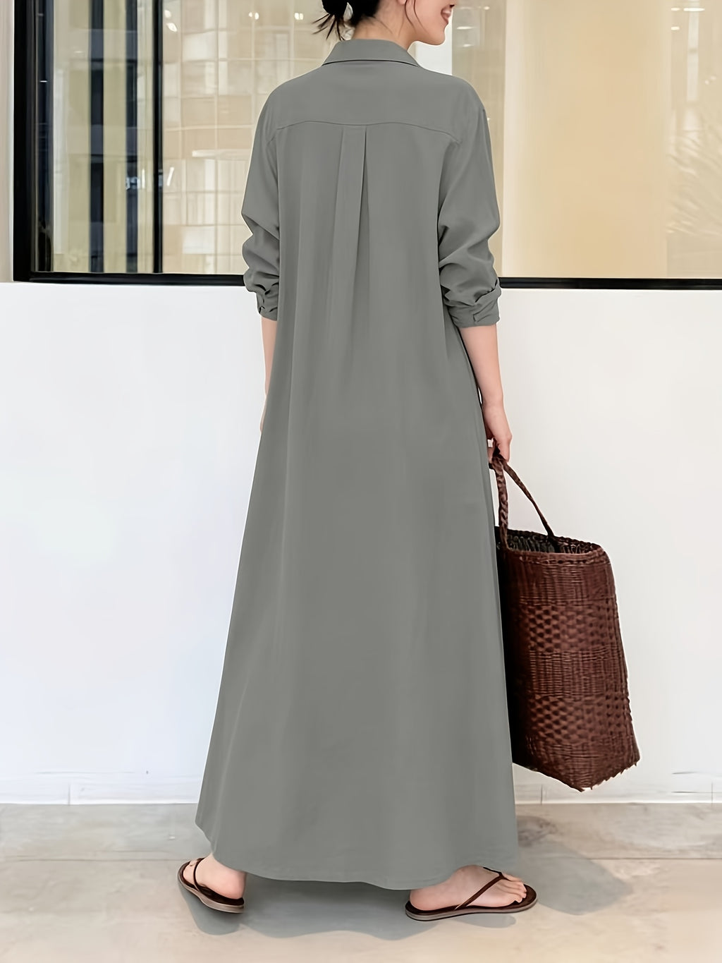 In Stock European And American New Solid Color Lapel Long Sleeve Pocket Easy Loose Casual Long Dress 1pc - Light Grey