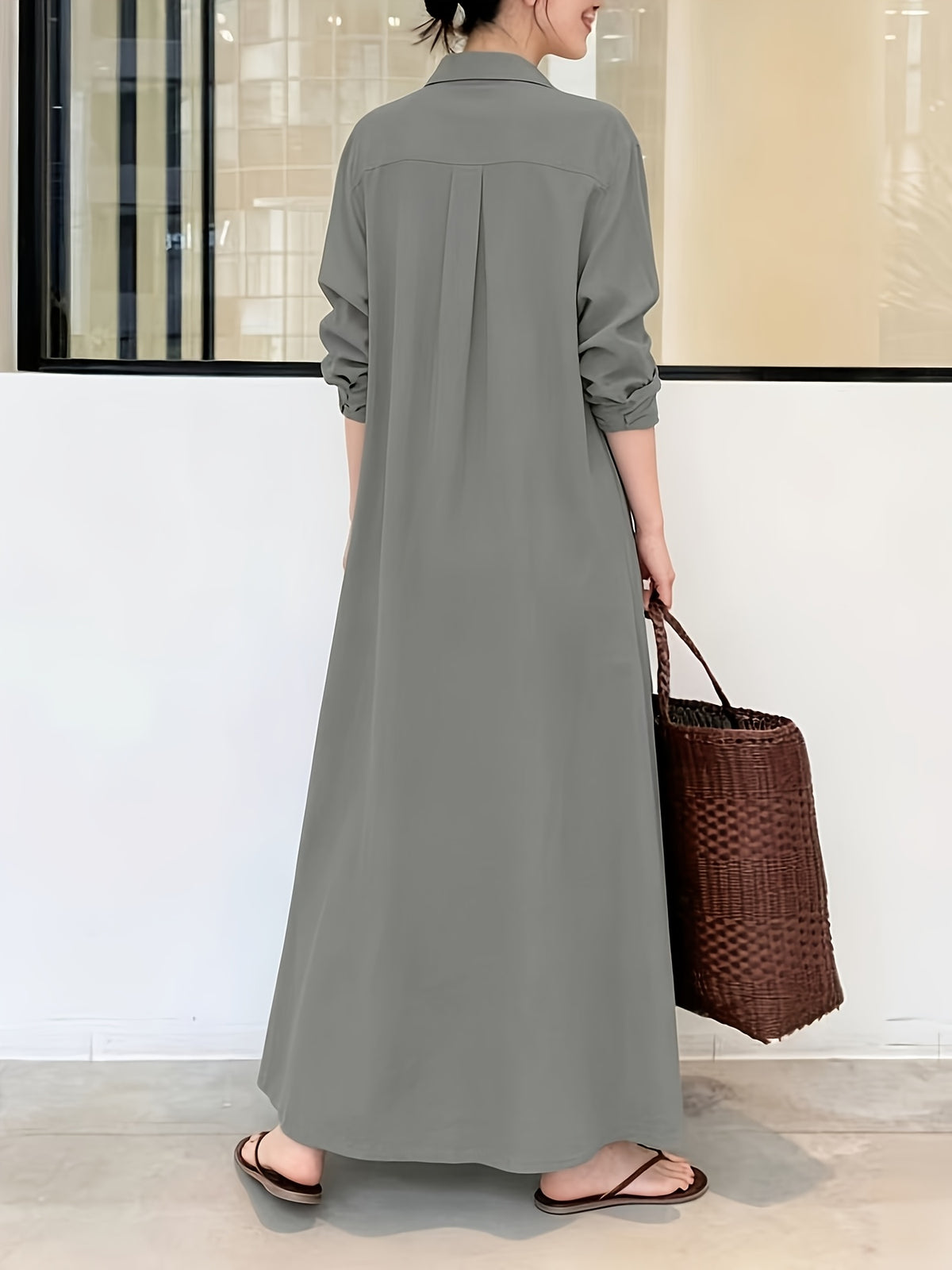 In Stock European And American New Solid Color Lapel Long Sleeve Pocket Easy Loose Casual Long Dress 1pc - Light Grey