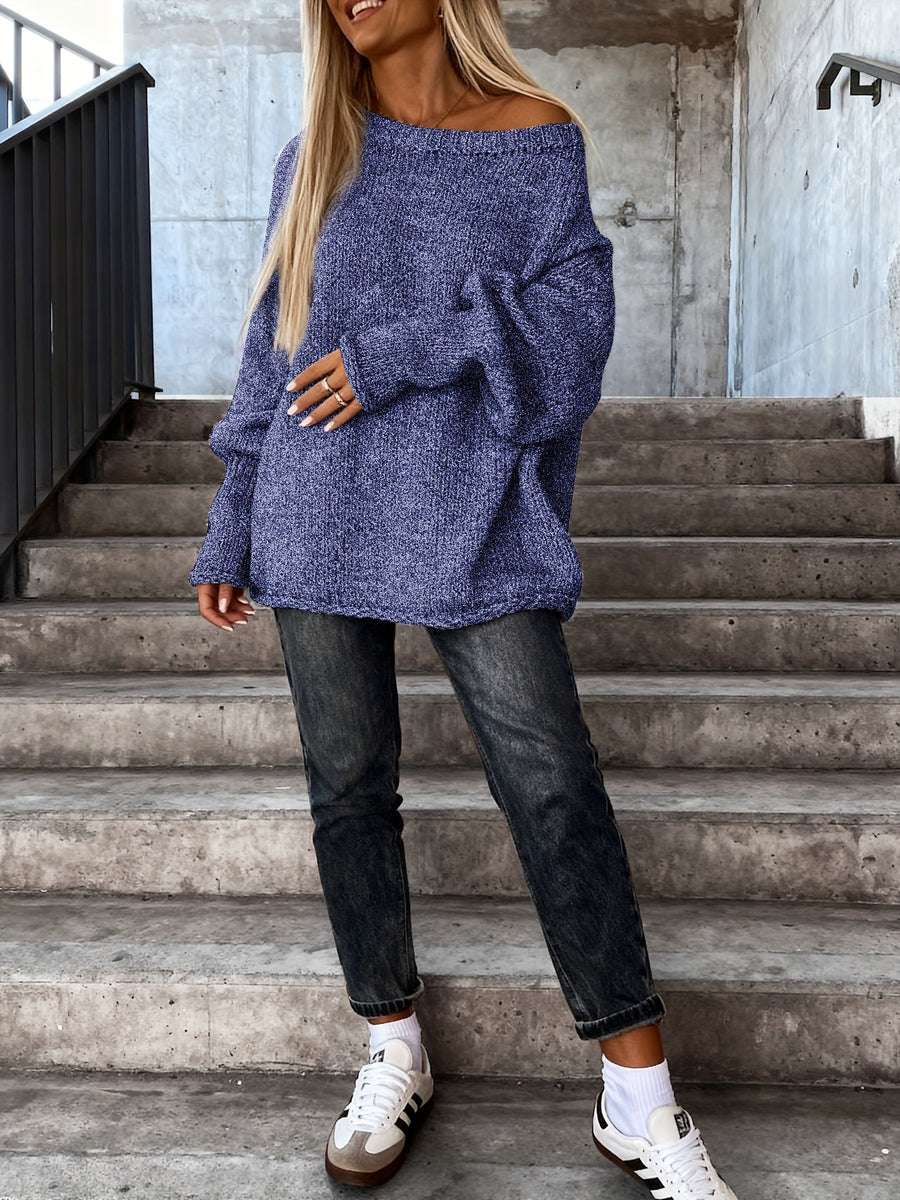 Women'S Fall Winter Casual Fashion Temperament Commute Versatile Easy Solid Color Large Round Neck Cross-Wear Sleeve Cuffed Design Loose Pullover Top - Blue