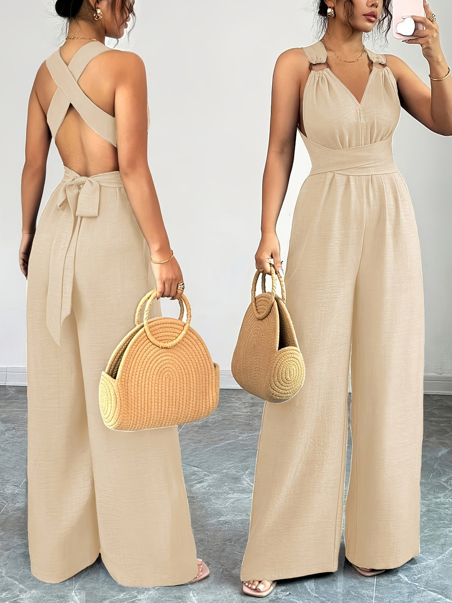 V-neck Women's Jumpsuit with Crisscross Waist Ties, Slit Back, and Wide-leg Straight-cut Pants - Apricot