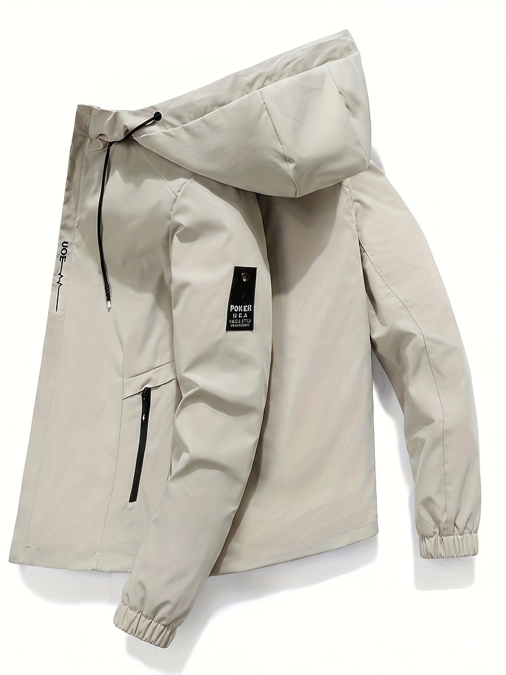 Men's Lightweight Softshell Jacket with Hood, 100% Polyester Solid Color, Regular Fit, Long Sleeves, Zippered Pockets, Outdoor Casual Style - Black+khaki