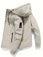 Men's Lightweight Softshell Jacket with Hood, 100% Polyester Solid Color, Regular Fit, Long Sleeves, Zippered Pockets, Outdoor Casual Style - Black+khaki