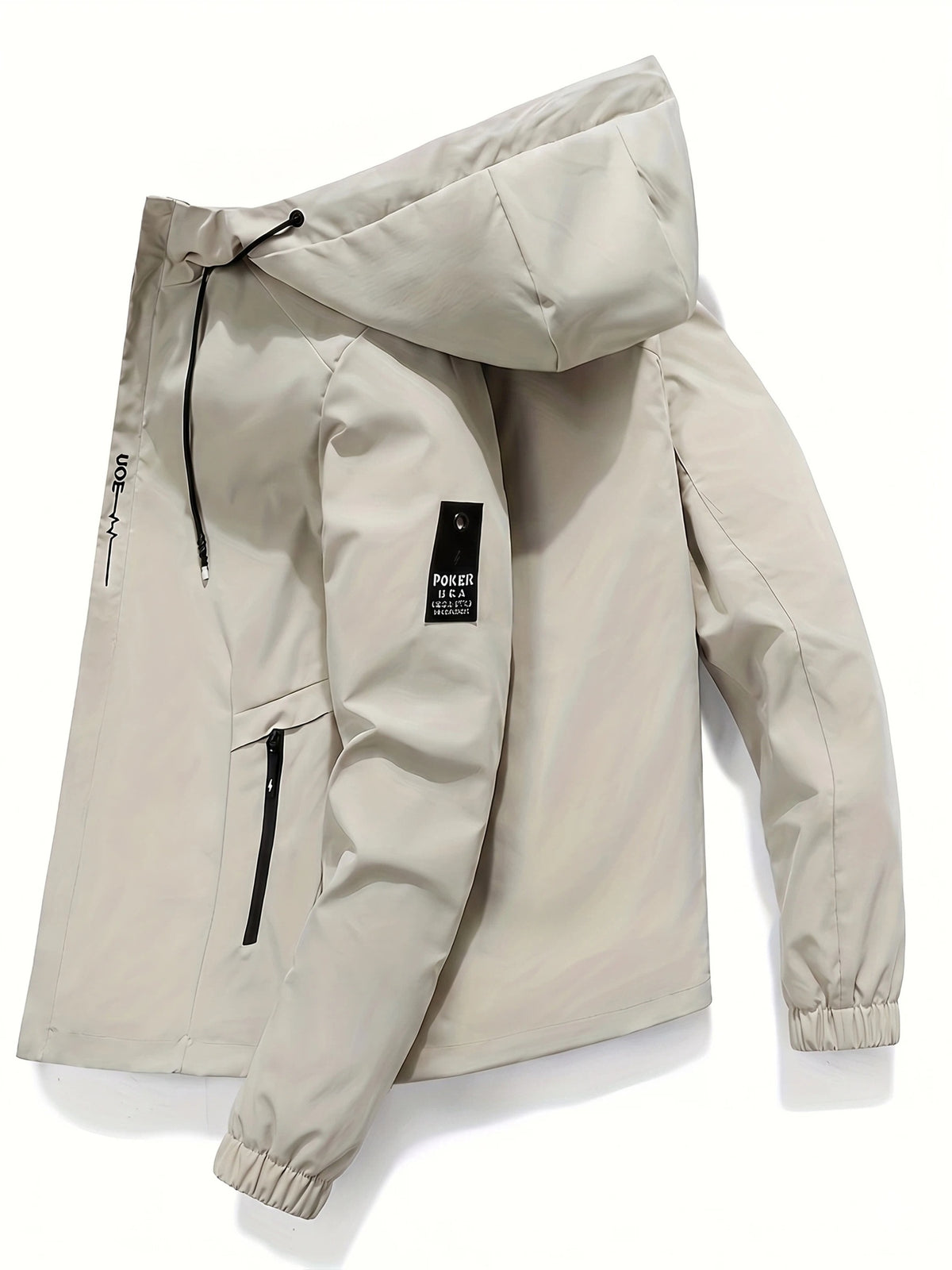 Men's Lightweight Softshell Jacket with Hood, 100% Polyester Solid Color, Regular Fit, Long Sleeves, Zippered Pockets, Outdoor Casual Style - Black+khaki