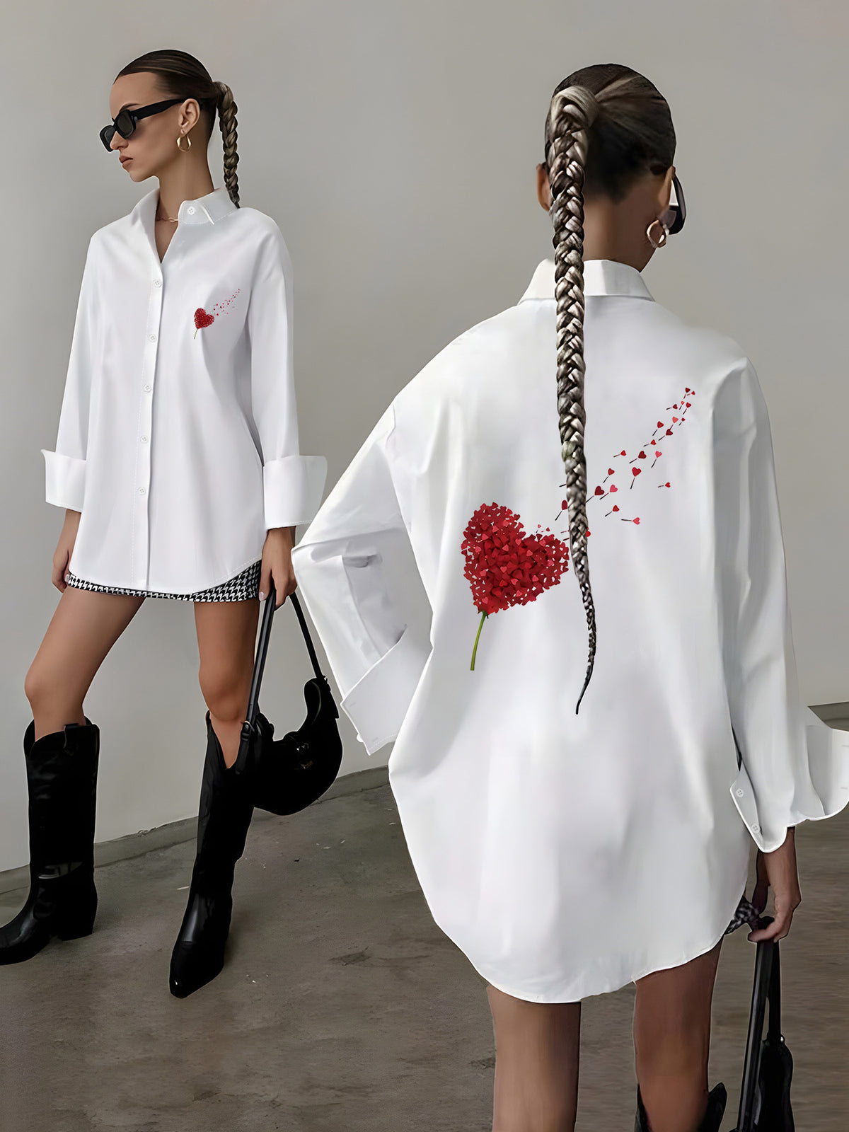 Top, Shirt, Fashion Women's Wear, Casual Loose Fit, Long Sleeve Long Top, One-Piece, Elegant Women's Shirt, European and American Hot Selling Fashion Women's Printed Casual Loose Fit Long Sleeve Button-Up Shirt - White