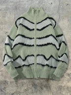 ANDREILEE Autumn Winter New Men'S Retro Wavy Pattern Color-Block Zipper Cardigan, Lapel Fleece-Like Texture Knit Jacket - Green