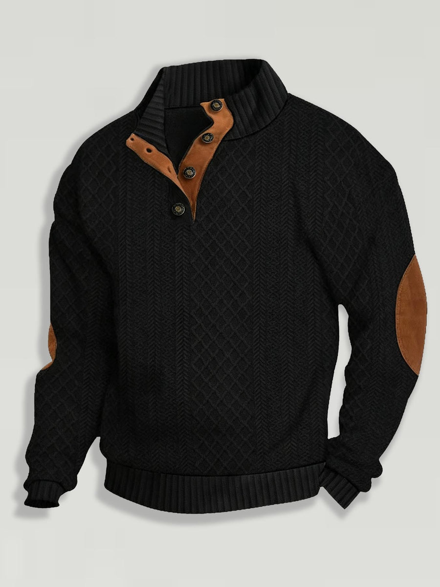 Men'S Henley Collar Knit Polo Sweater, Retro Checkered Jacquard Sweater, Patchwork Decor Long Sleeve Top, Casual Outdoor Wear - Black