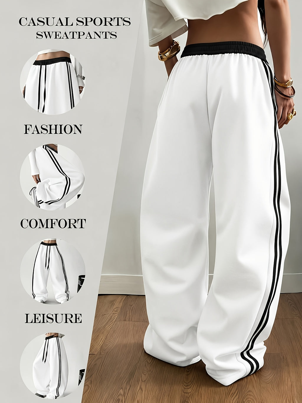 Women's casual fashionable wide-leg sports pants, suitable for yoga, fitness, and athletic wear - White