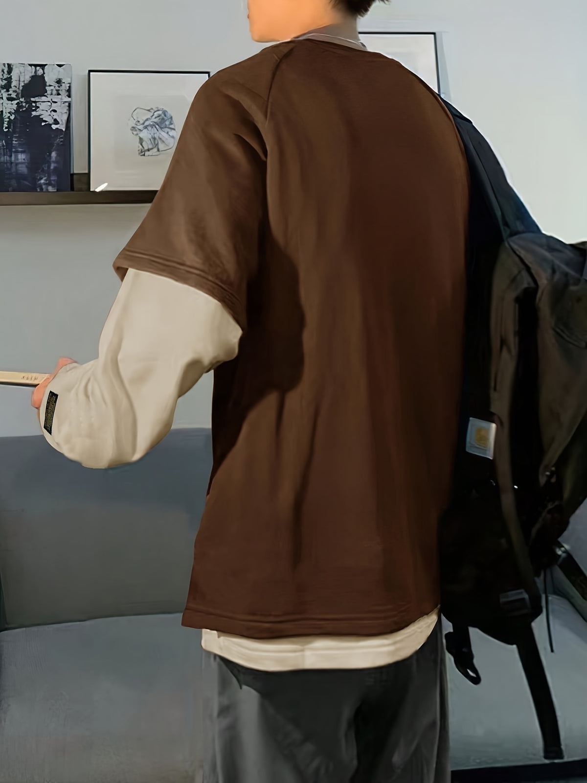 Spring/Autumn Round Neck 2-in-1 Look Long Sleeve Sweatshirt for Men, Loose Fit Versatile Casual Contrast Color Top - Khaki
