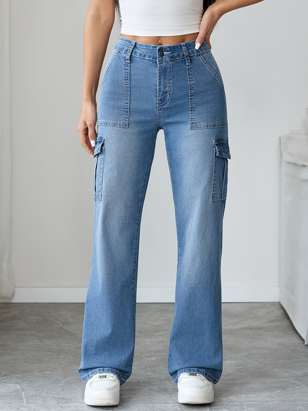 Women'S High-Waist Cargo Trousers Street Style Multi-Pocket Straight Leg Long Pants Y2K Retro Distressed Casual Wide-Leg Jeans - Medium Blue