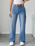 Women'S High-Waist Cargo Trousers Street Style Multi-Pocket Straight Leg Long Pants Y2K Retro Distressed Casual Wide-Leg Jeans - Medium Blue