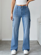 Women'S High-Waist Cargo Trousers Street Style Multi-Pocket Straight Leg Long Pants Y2K Retro Distressed Casual Wide-Leg Jeans - Medium Blue
