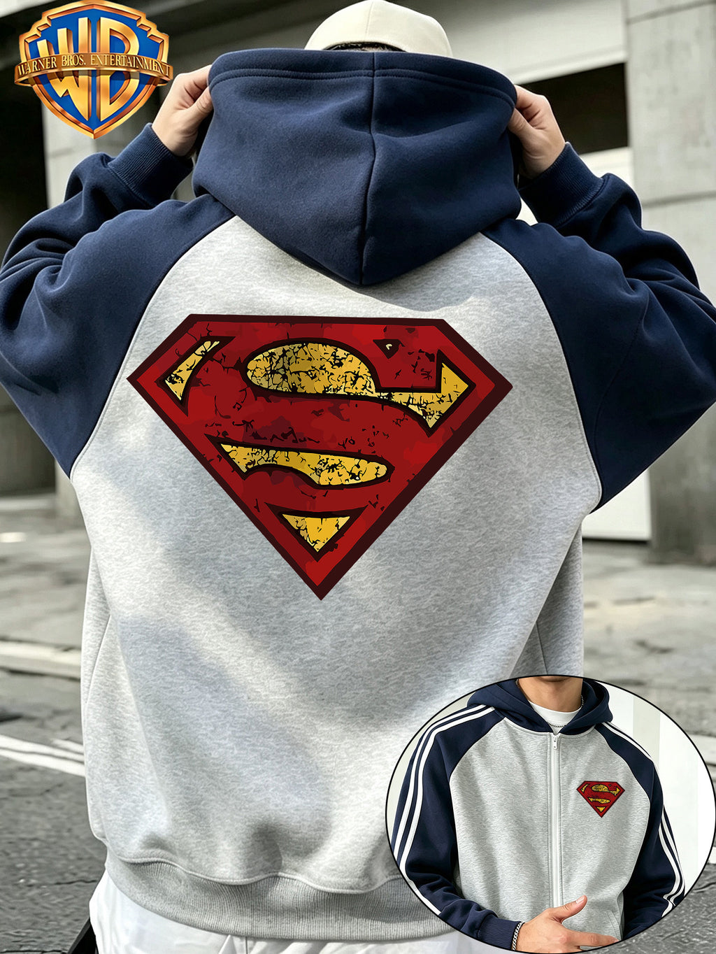 [WB Warner Official] Autumn/Winter Men's Raglan Sleeve Colorblock Hooded Zip-Up Sweatshirt, Superman Vintage Cracked Shield Logo Print, Loose Fit Contrast Stripe Sport Hoodie, Trendy Brand Fashion Casual Versatile Sporty Zip Pocket Hooded Men's - Navy Blue And Grey