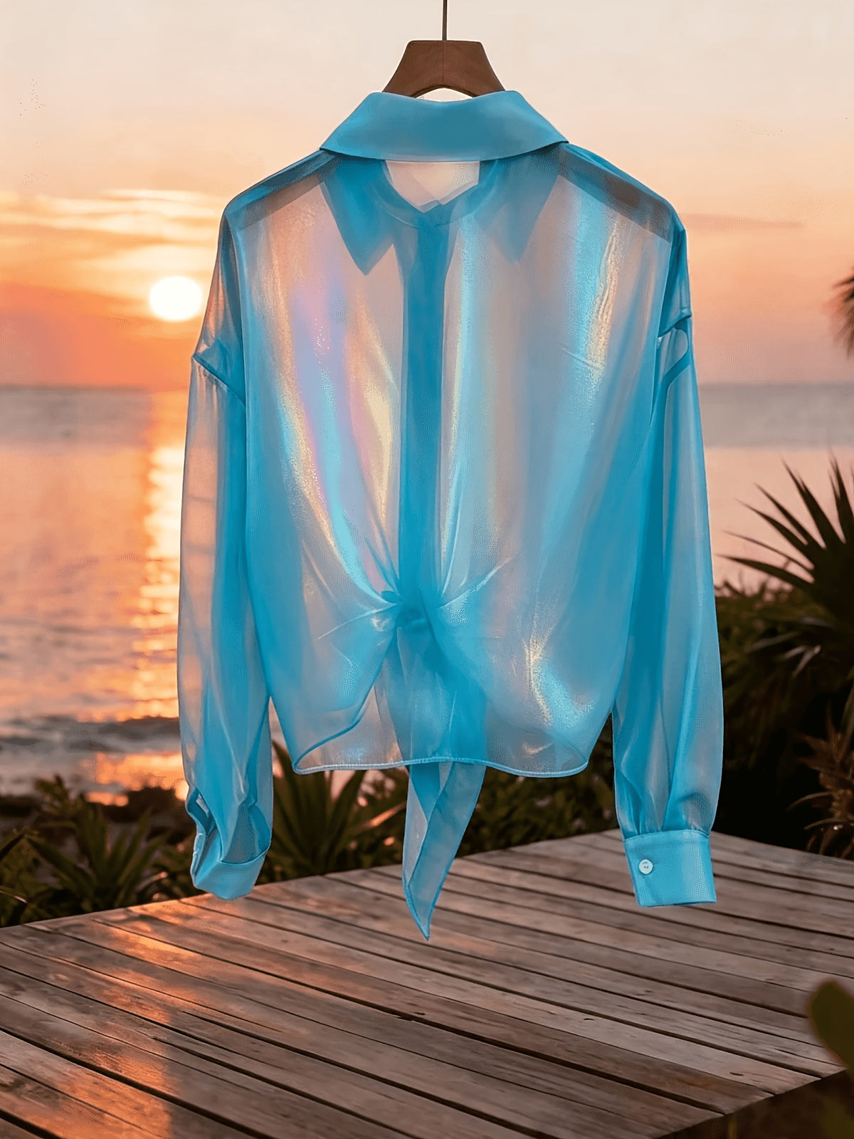 Premium Iridescent Elegant Sheer Chiffon Tie-String Casual Vacation Beautiful Blouse (Women'S Style) - Lake Blue