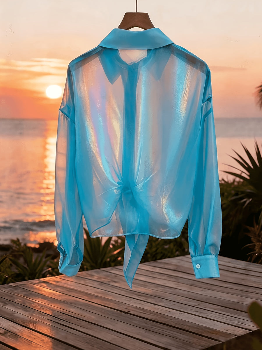 Premium Iridescent Elegant Sheer Chiffon Tie-String Casual Vacation Beautiful Blouse (Women'S Style) - Lake Blue